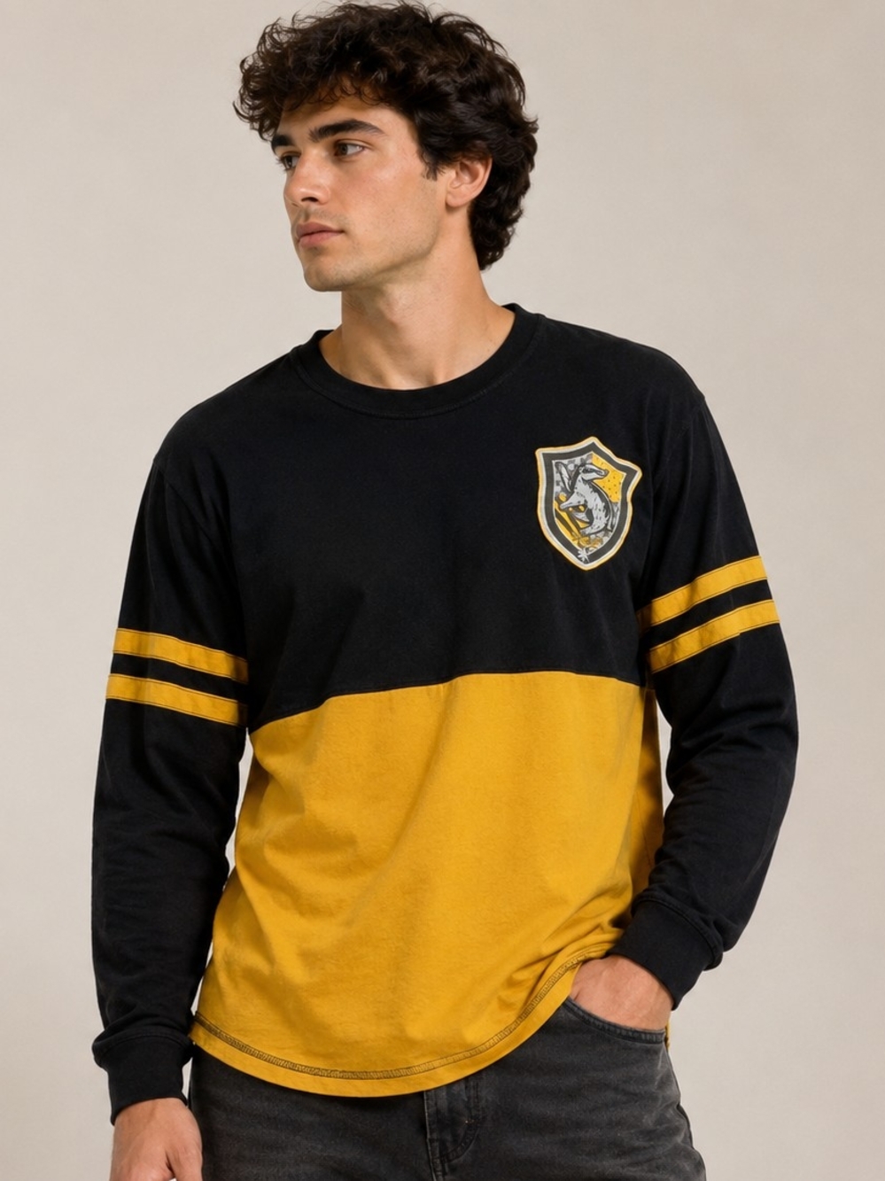 Harry Potter Men's Long Sleeve Colorblock Tee - Black & Yellow